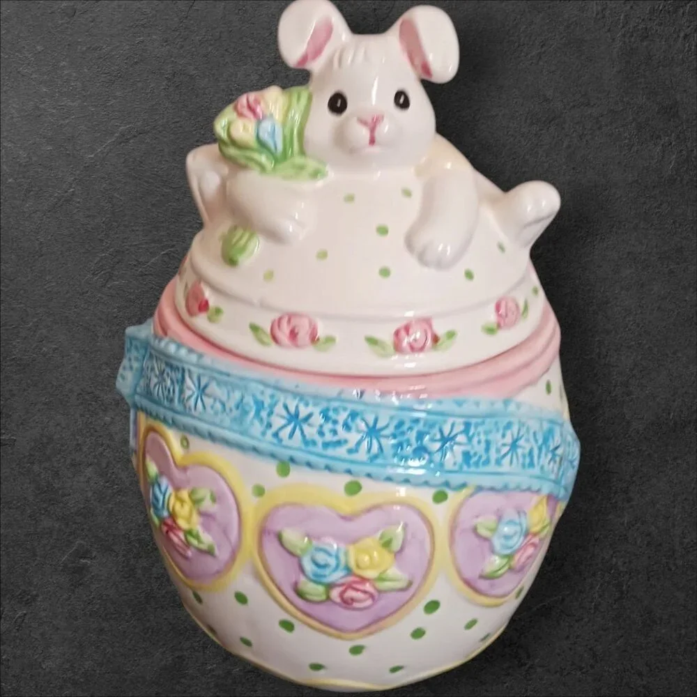 Ceramic Bunny Cookie Jar With Floral & Heart Details Pastel Colors Spring/Easter